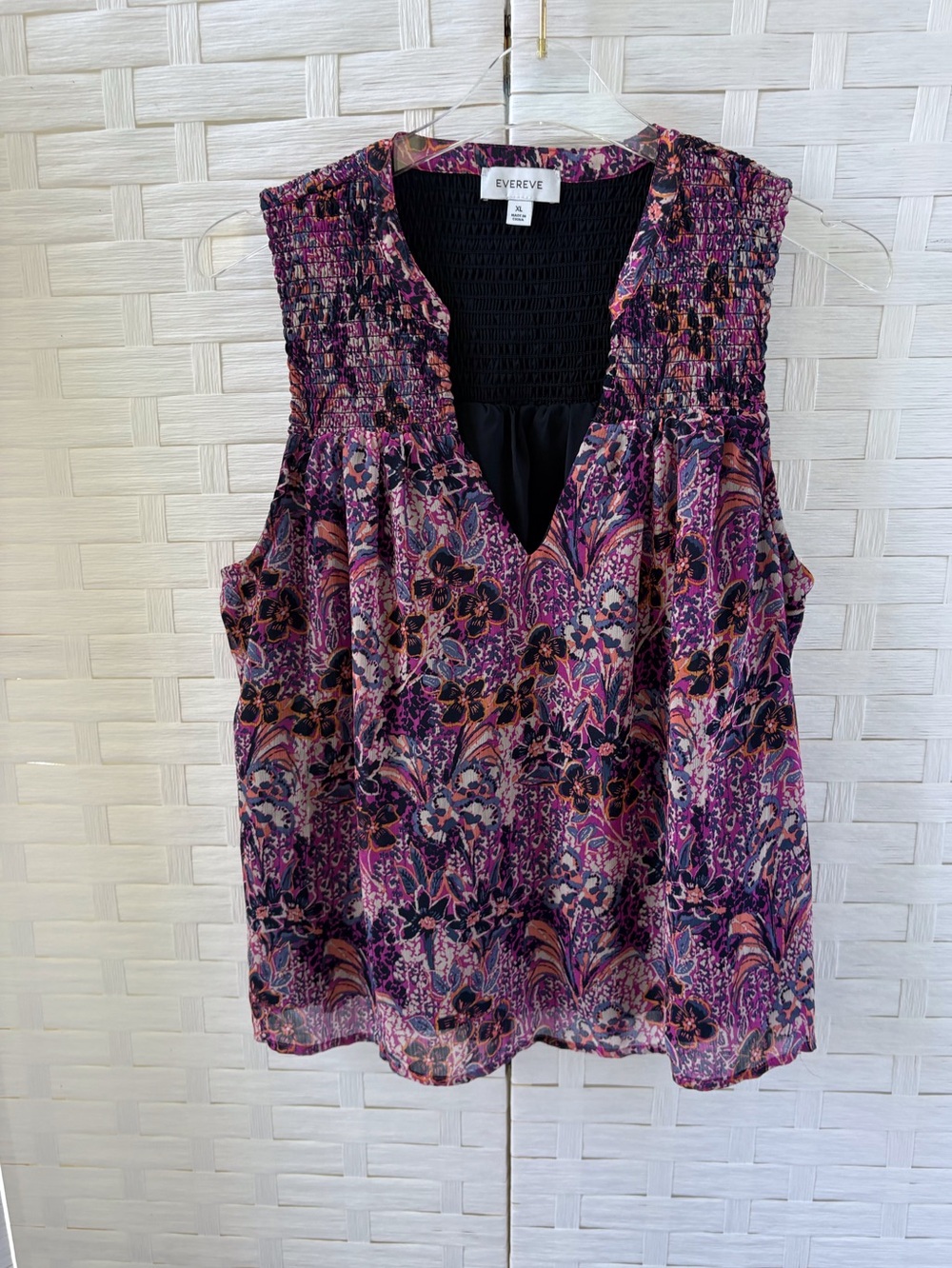 Evereve Brandi XL Smocked Chiffon Lined Tank V Neck Purple Black Office Casual